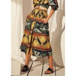 Johanna Ortiz Midi Floral Button-Front Cotton Crossroads Skirt